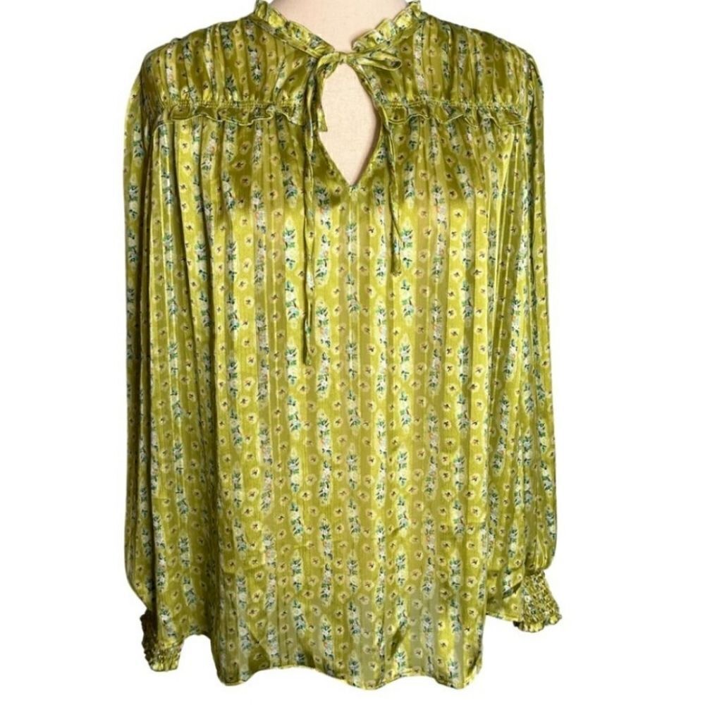Maison d'amelie Women's Green Long Sleeve Blouse, floral sheer fabric,  med